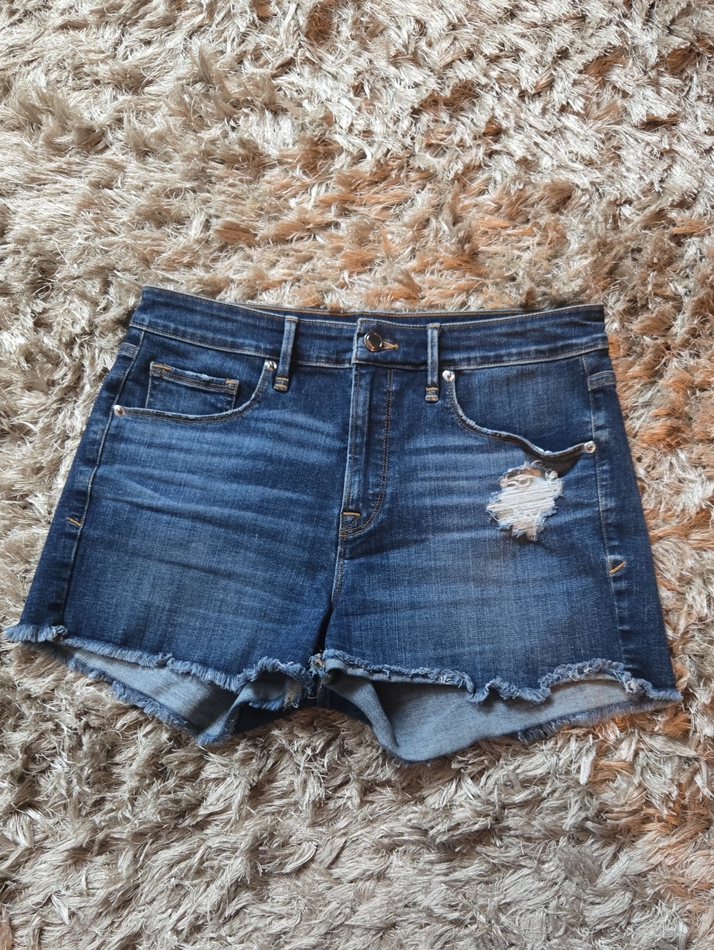 Good American Dark Blue Distressed Denim Shorts